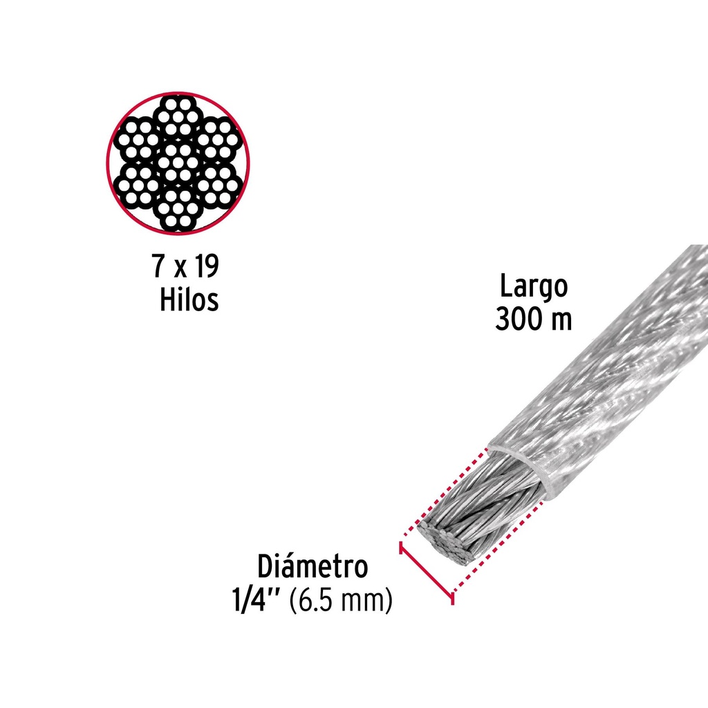 Metro cable flexible 1/4' acero 7x19 recubierto PVC, 300 m