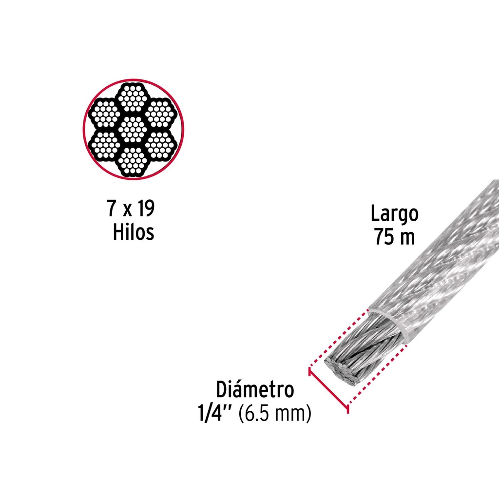 Metro cable flexible 1/4' acero 7x19 recubierto PVC, 75 m