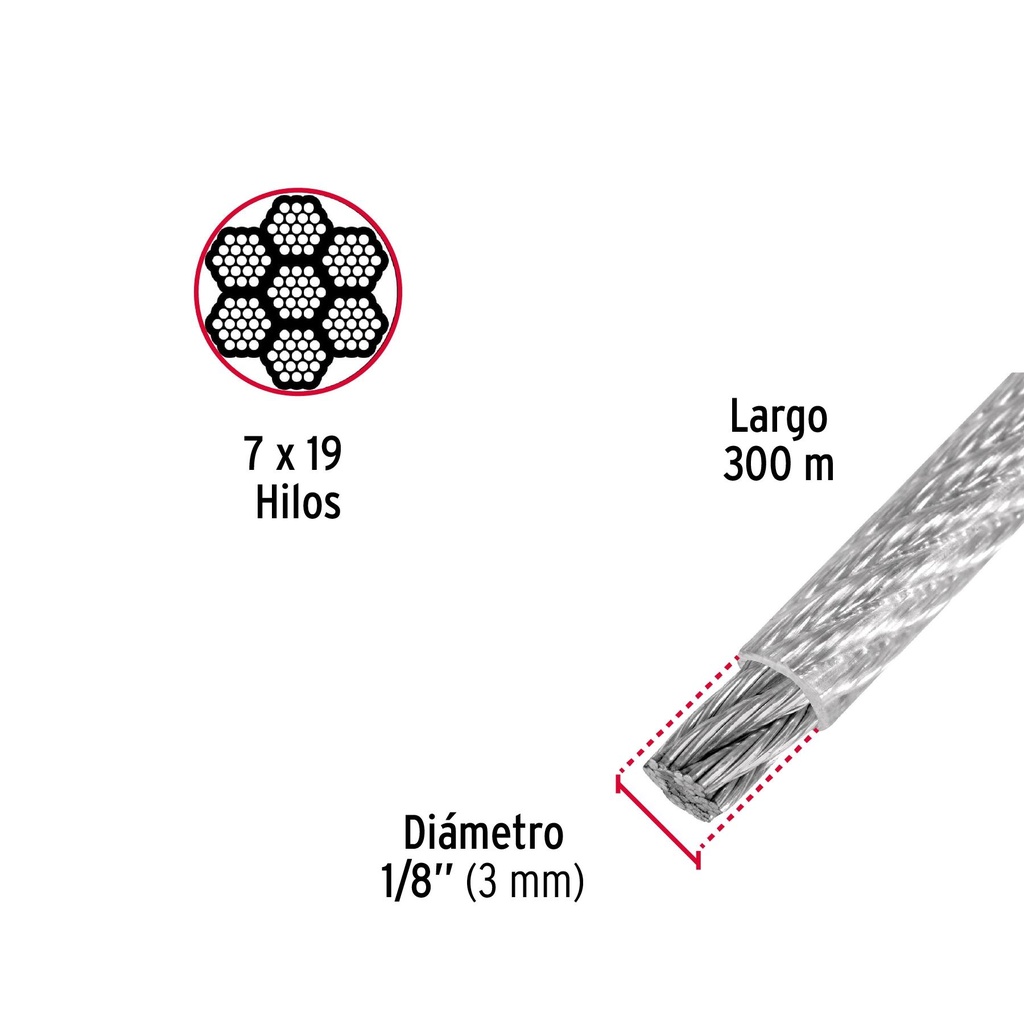 Metro cable flexible 1/8' acero 7x19 recubierto PVC, 300 m