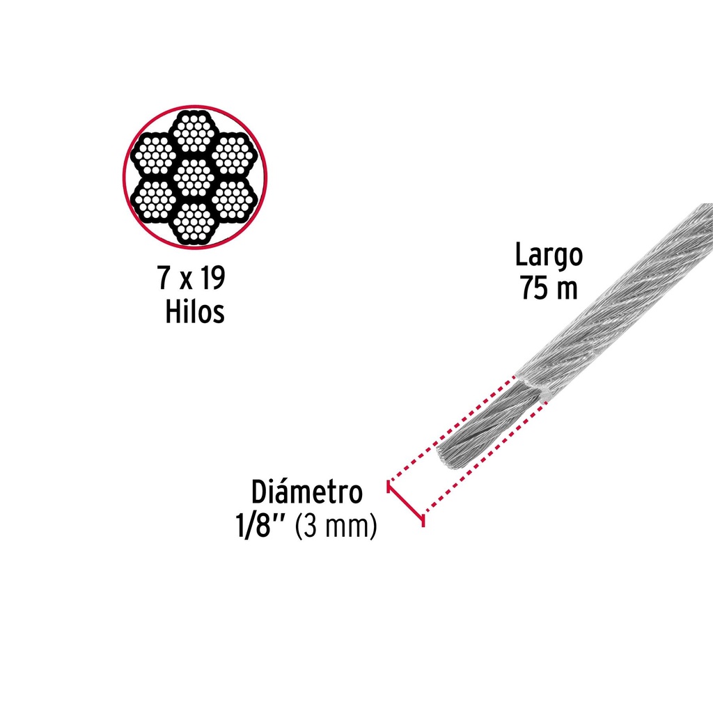 Metro cable flexible 1/8' acero 7x19 recubierto PVC, 75 m