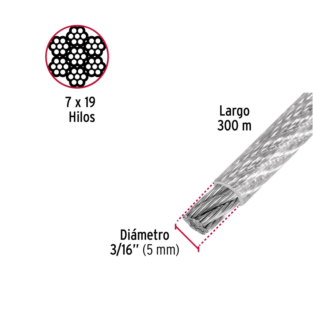 Metro cable flexible 3/16' acero 7x19 recubierto PVC, 300 m