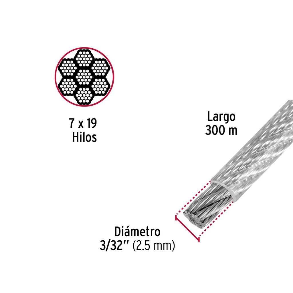 Metro cable flexible 3/32' acero 7x19 recubierto PVC, 300 m