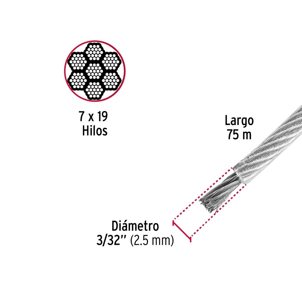 Metro cable flexible 3/32' acero 7x19 recubierto PVC, 75 m