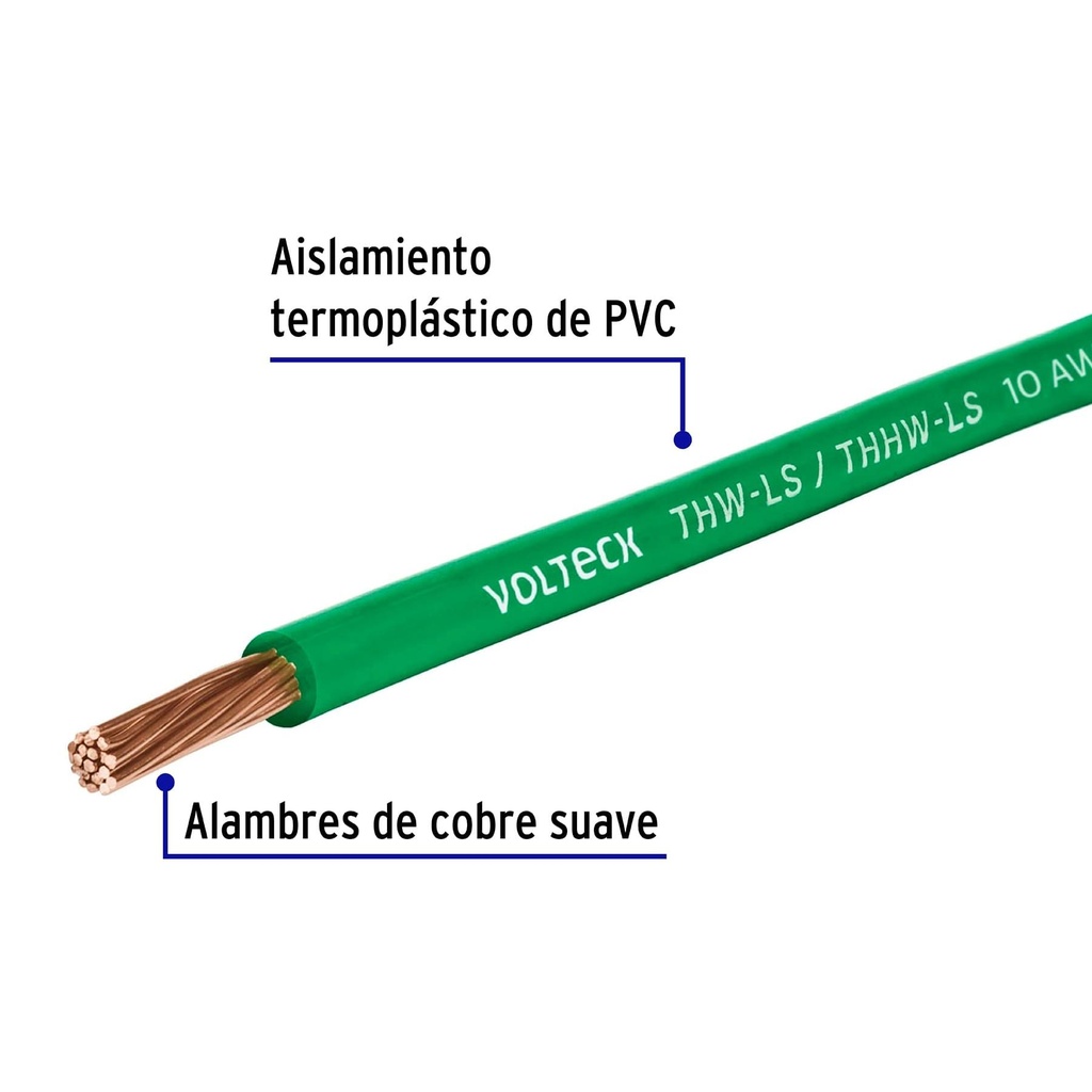 Metro de cable THHW-LS 10 AWG verde en carrete de 500 m