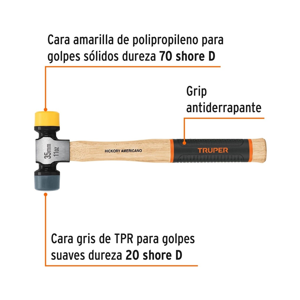 Martillo 35 mm con caras suaves intercambiables, Truper Grip