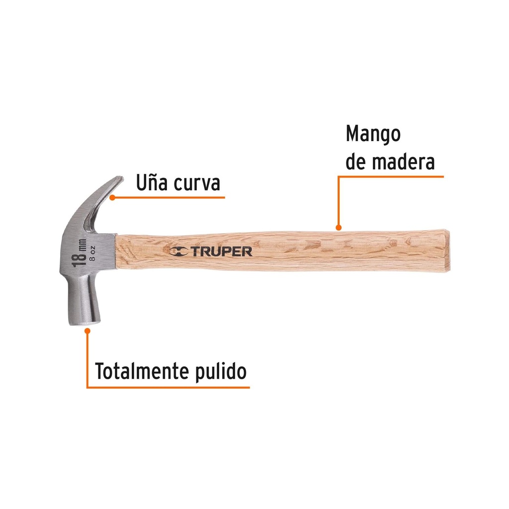 Martillo cabeza cónica 18 mm uña curva, mango madera, Truper