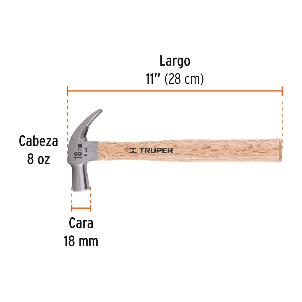 Martillo cabeza cónica 18 mm uña curva, mango madera, Truper