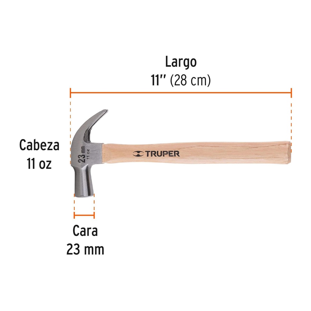 Martillo cabeza cónica 23 mm uña curva, mango madera, Truper