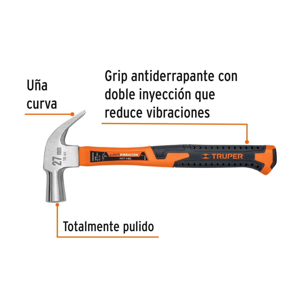 Martillo cabeza cónica 27 mm uña curva, mango fibra vidrio