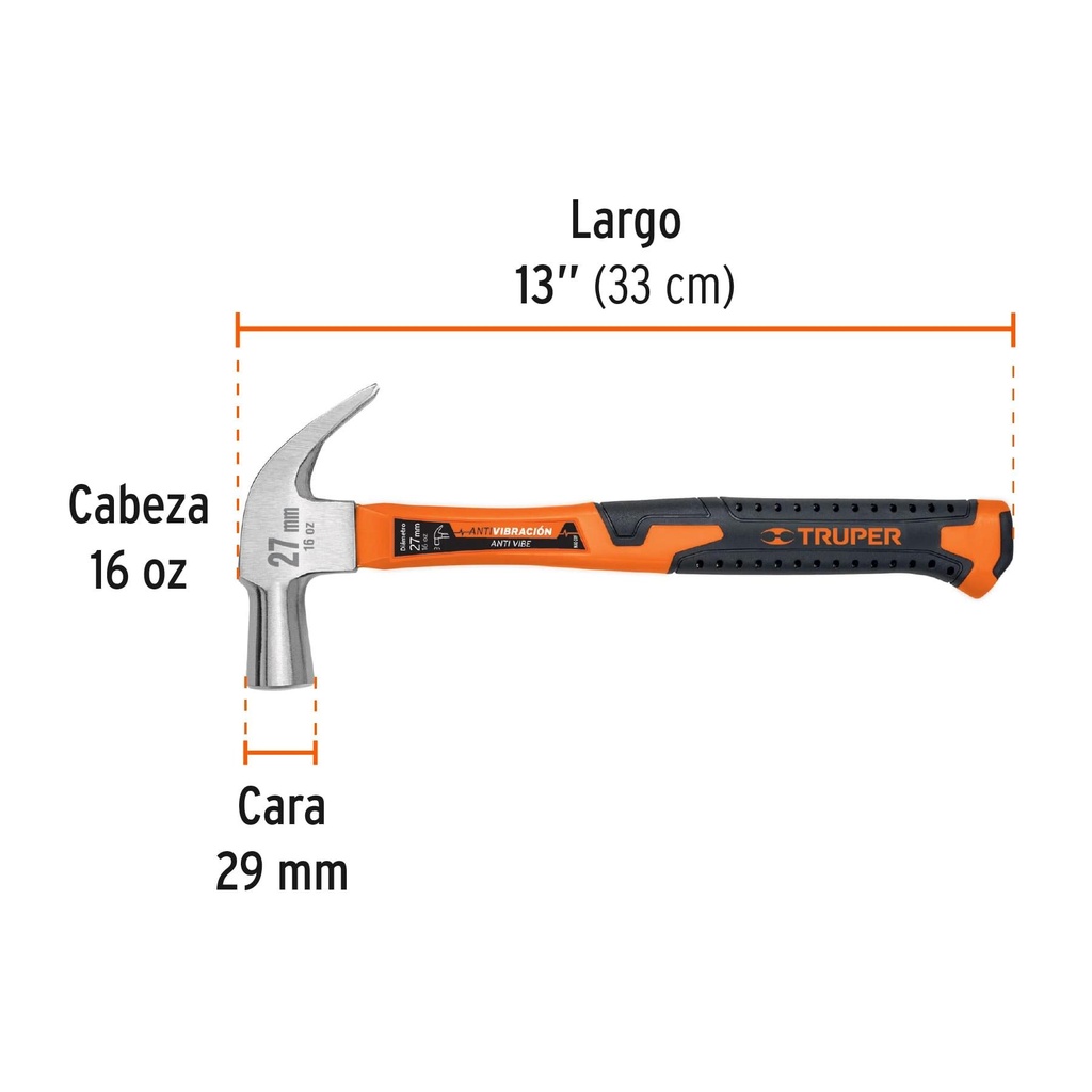 Martillo cabeza cónica 27 mm uña curva, mango fibra vidrio