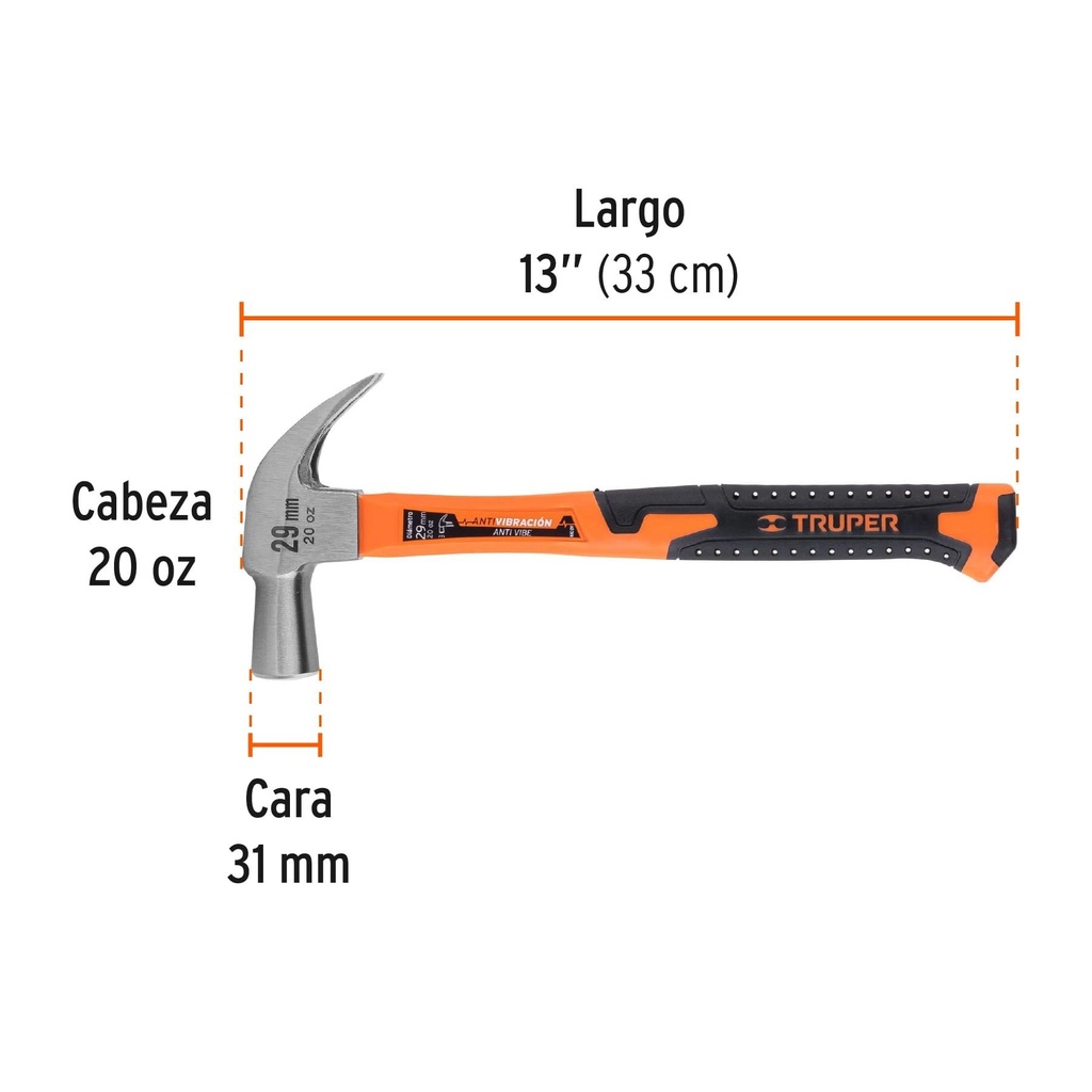 Martillo cabeza cónica 29 mm uña curva, mango fibra vidrio