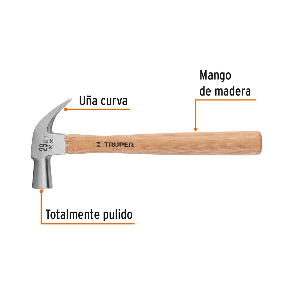 Martillo cabeza cónica 29 mm uña curva, mango madera, Truper