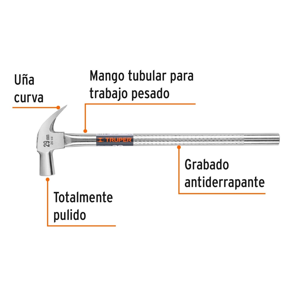 Martillo cabeza cónica 29 mm uña curva, mango tubular