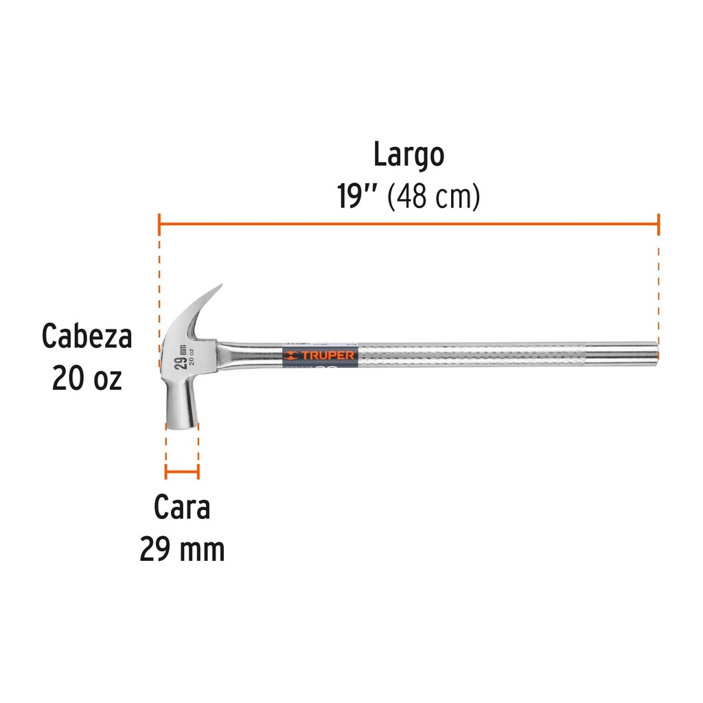 Martillo cabeza cónica 29 mm uña curva, mango tubular