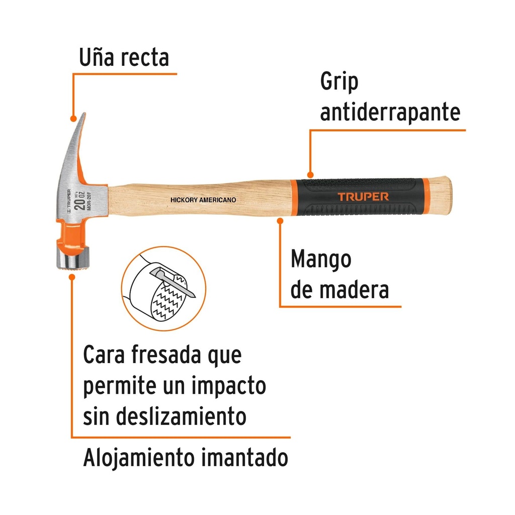 Martillo pulido 20 oz uña recta, boca fresada, Truper Grip