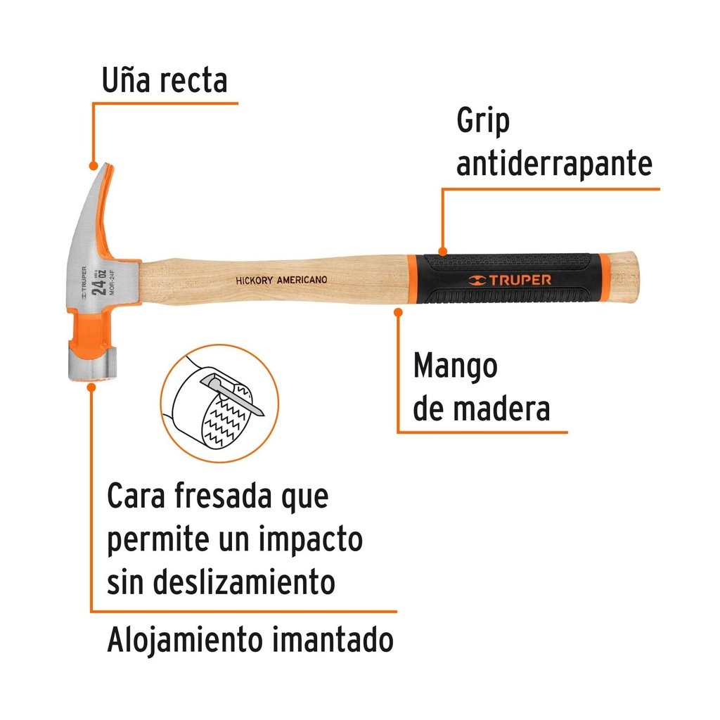 Martillo pulido 24 oz uña recta, boca fresada, Truper Grip