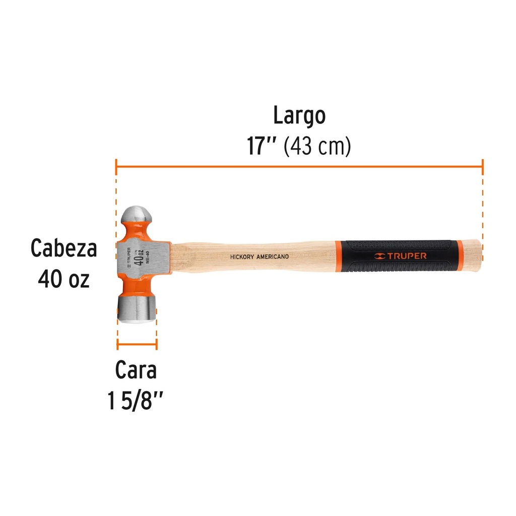 Martillo pulido de bola 40 oz mango hickory, Truper Grip