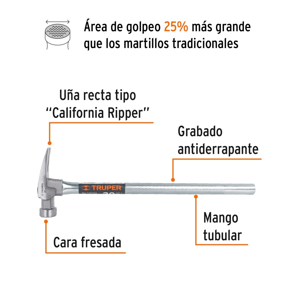 Martillo tubular 20 oz uña California Ripper, cara fresada