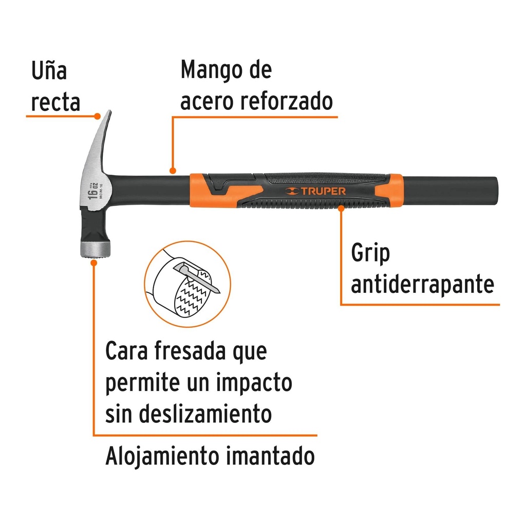 Martillo tubular para cimbra 16 oz uña recta, mango acero