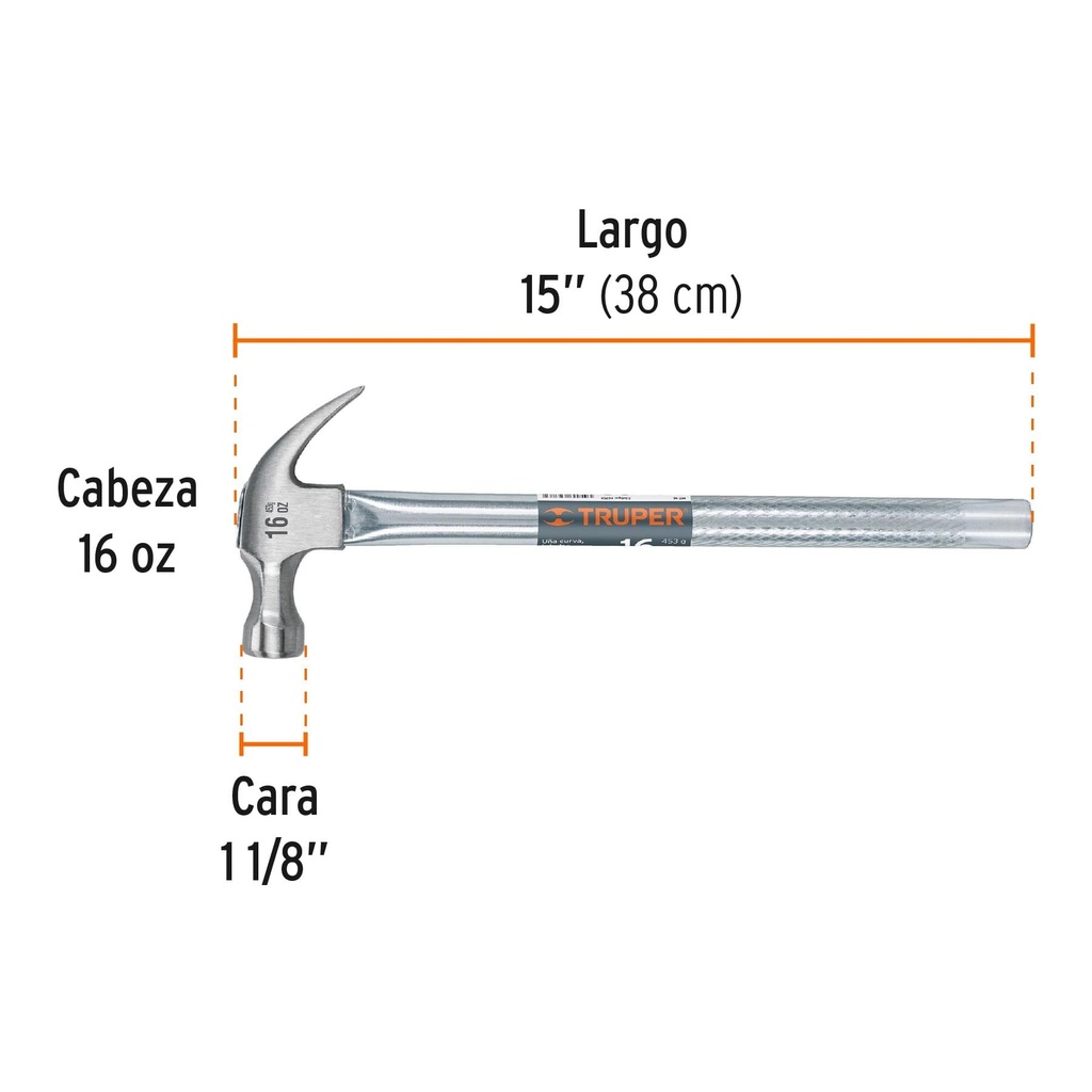 Martillo tubular pulido 16 oz uña curva, Truper