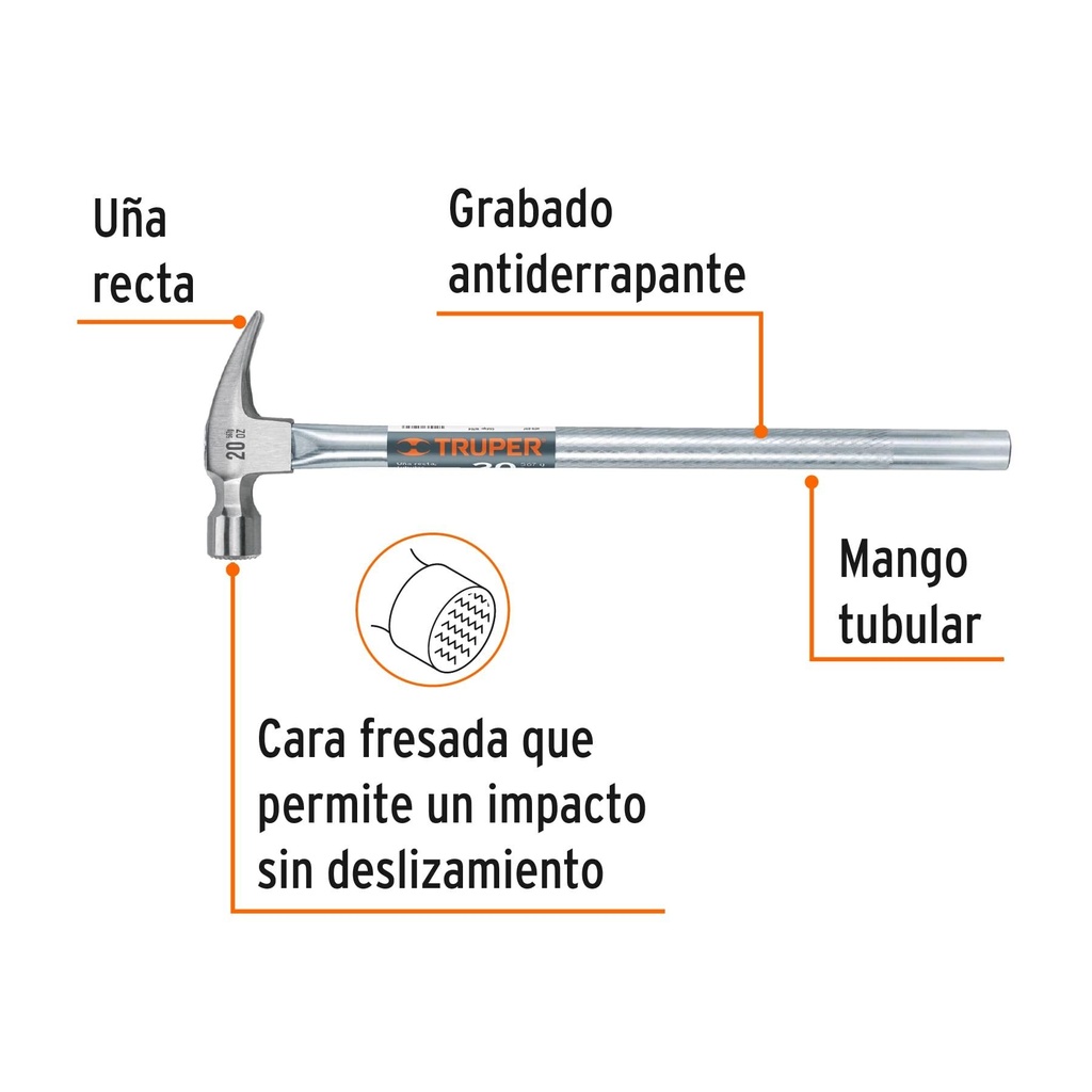 Martillo tubular pulido 20oz cara fresada, uña recta, Truper