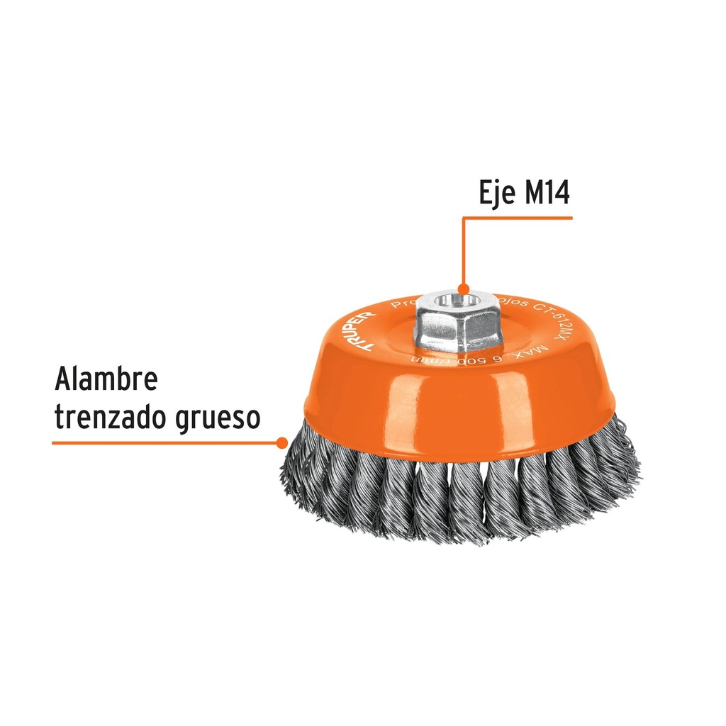 Carda copa 5' alambre trenzado grueso, eje M14, Truper