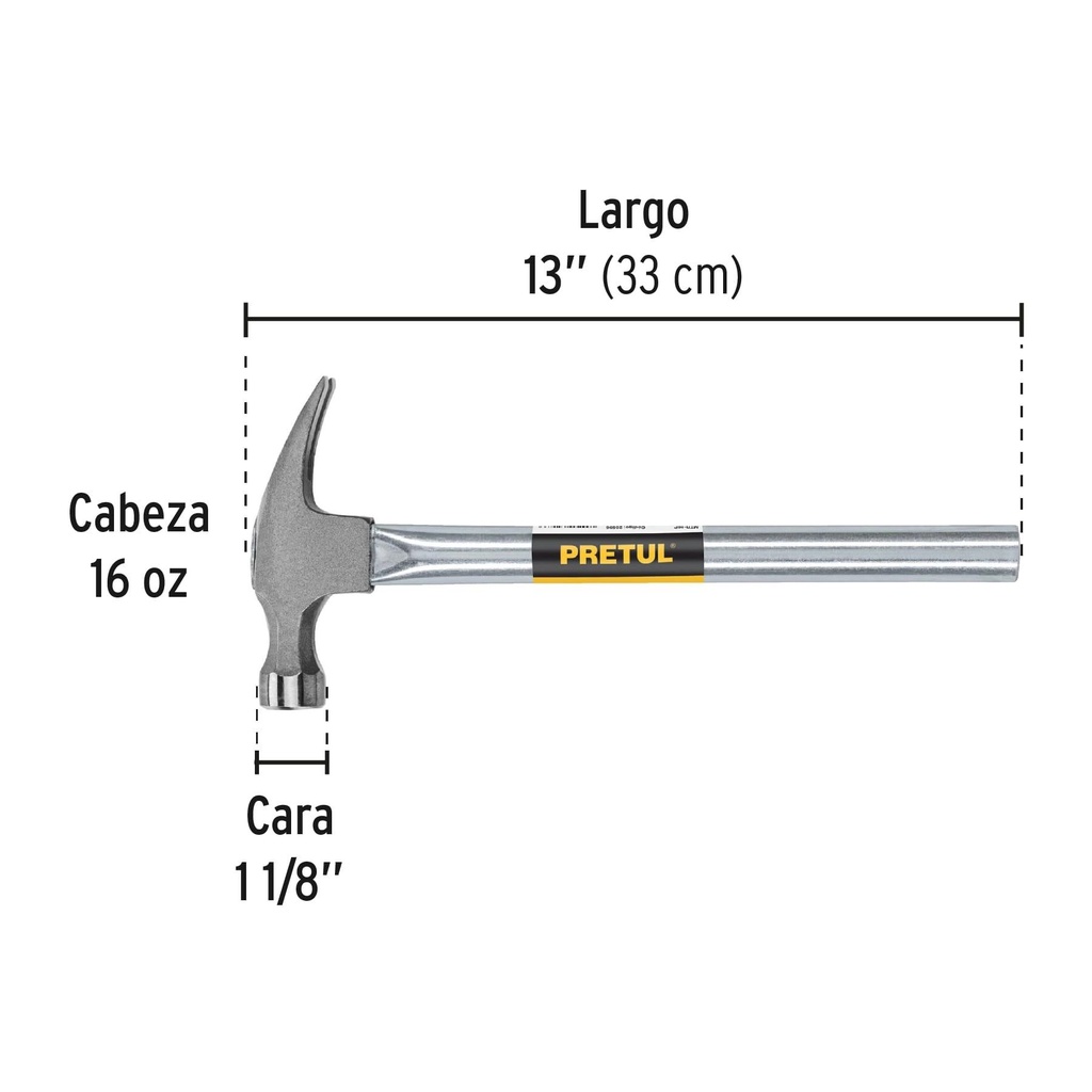 Martillo uña curva 16 oz, mango tubular, Pretul