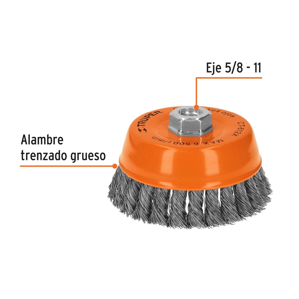 Carda copa 5' alambre trenzado grueso, eje 5/8'-11, Truper