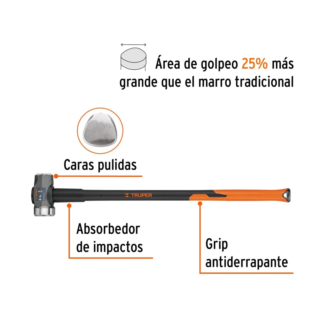 Marro de una cara amplia 8 lb, mango de fibra de vidrio 36'