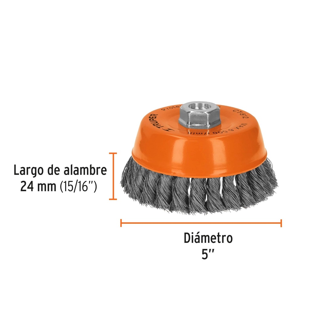 Carda copa 5' alambre trenzado fino, eje 5/8'-11, Truper