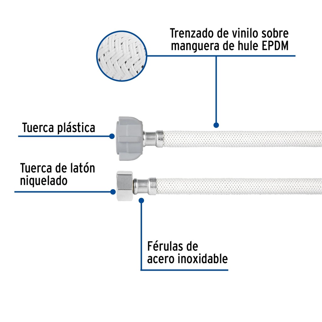 Manguera WC vinilo blanco 1/2'x7/8', 35cm, conector plástico