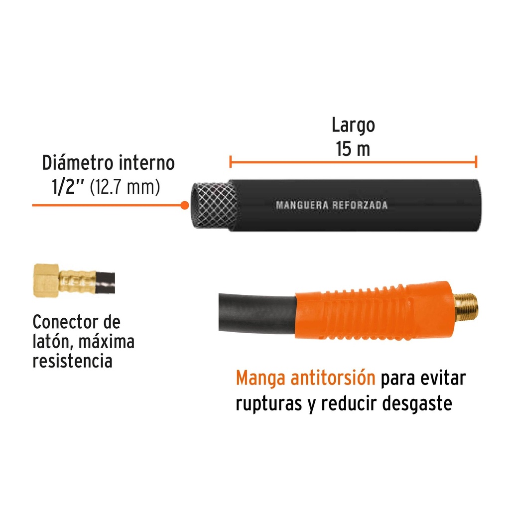 Manguera de hule para compresor, 15 m x 1/2', Truper