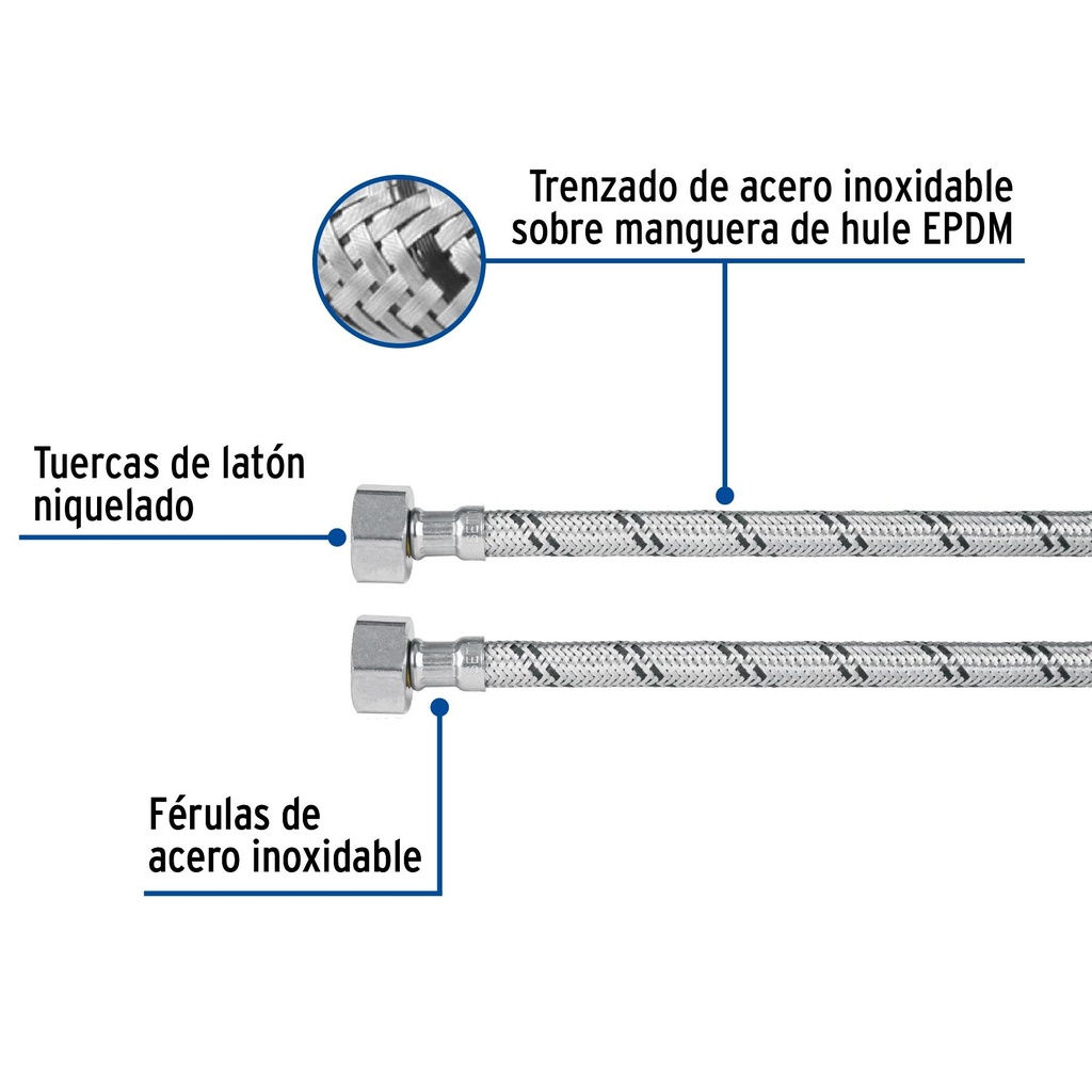 Manguera lavabo/fregadero, acero inox, 1/2' x 1/2', 100 cm