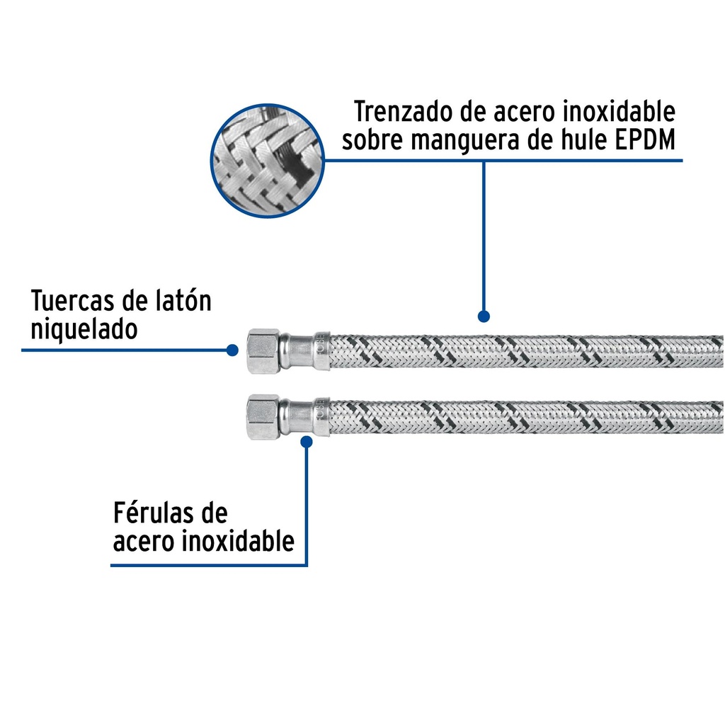 Manguera lavabo/fregadero, acero inox, 1/2' x 3/8', 55 cm