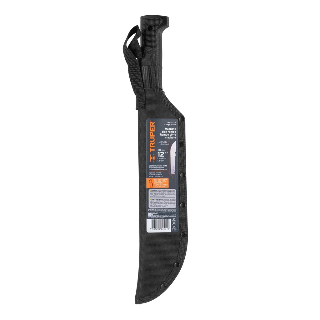 Machete rambo 12' cacha inyectada negra, con funda, Truper