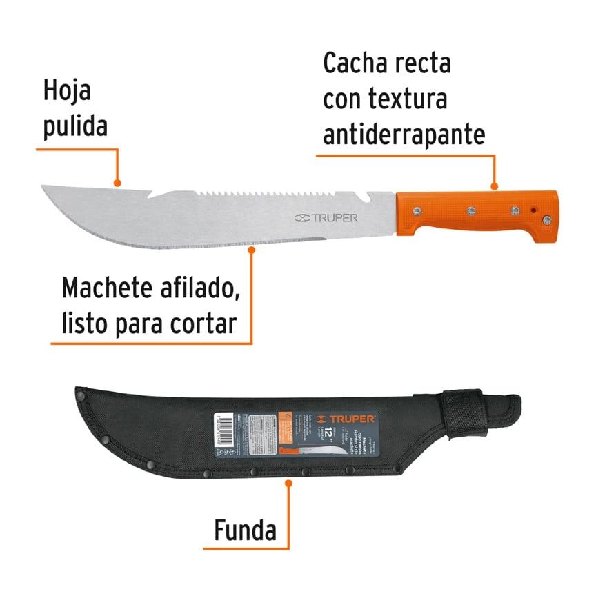 Machete rambo 12' cacha remachada naranja, con funda, Truper