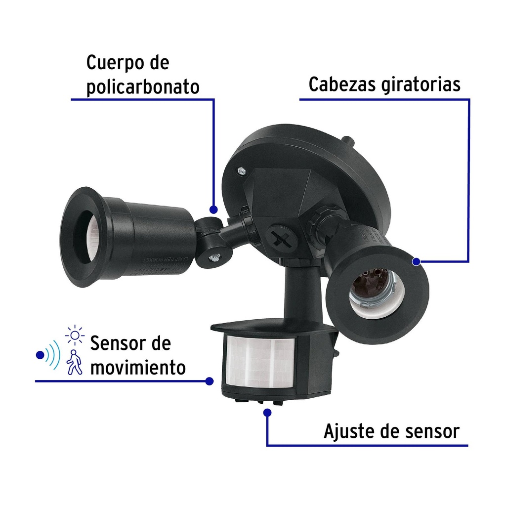 Arbotante negro c/sensor movimiento, lámparas no incluidas