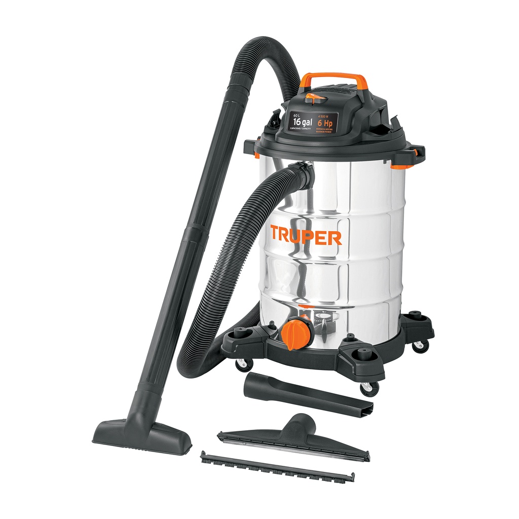 Aspiradora de 16gal en acero inox, sólidos-líquidos, Truper