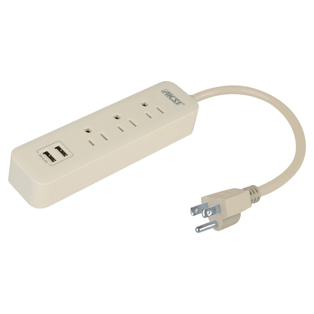 Barra multicontacto 3 entradas y 2 puertos USB, cable 50 cm 16 AWG, 300 Joules