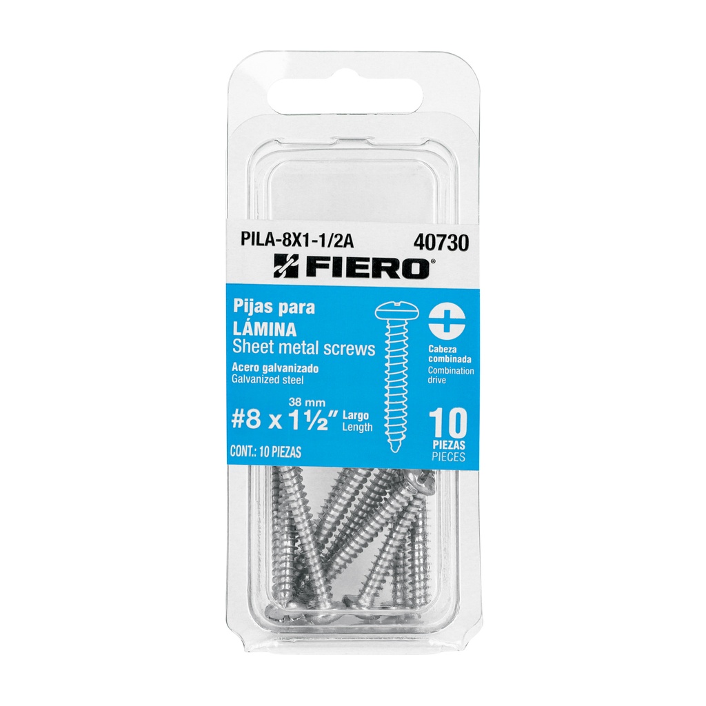 Blíster con 10 pijas para lámina, #8 x 1-1/2', Fiero - Pag 754, 761