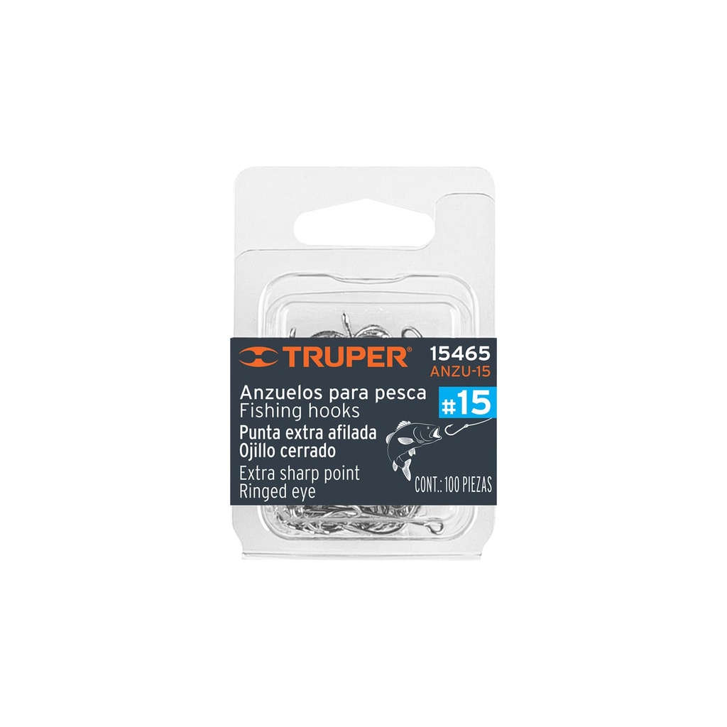 [T15465] Blíster con 100 anzuelos para pesca # 15, Truper