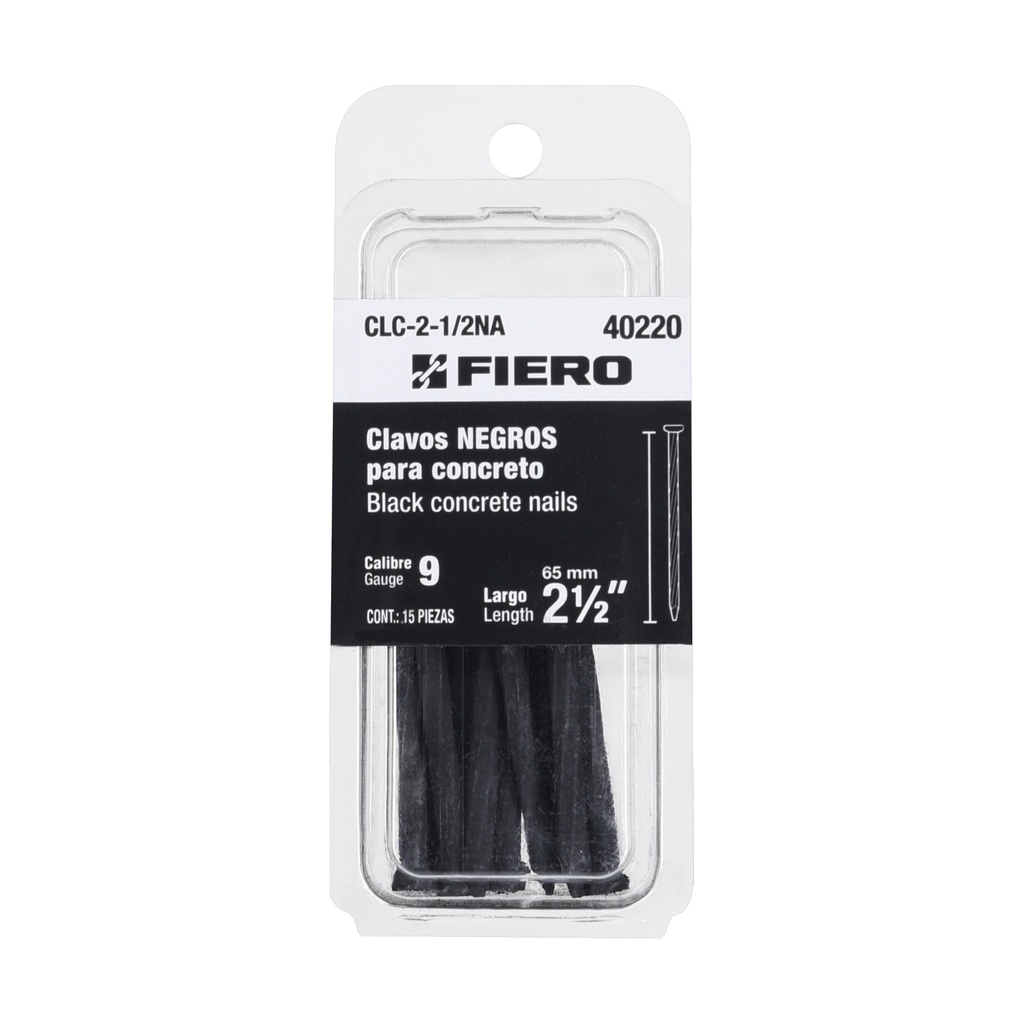 [T40220] Blíster con 15 clavos negros para concreto 2-1/2', Fiero