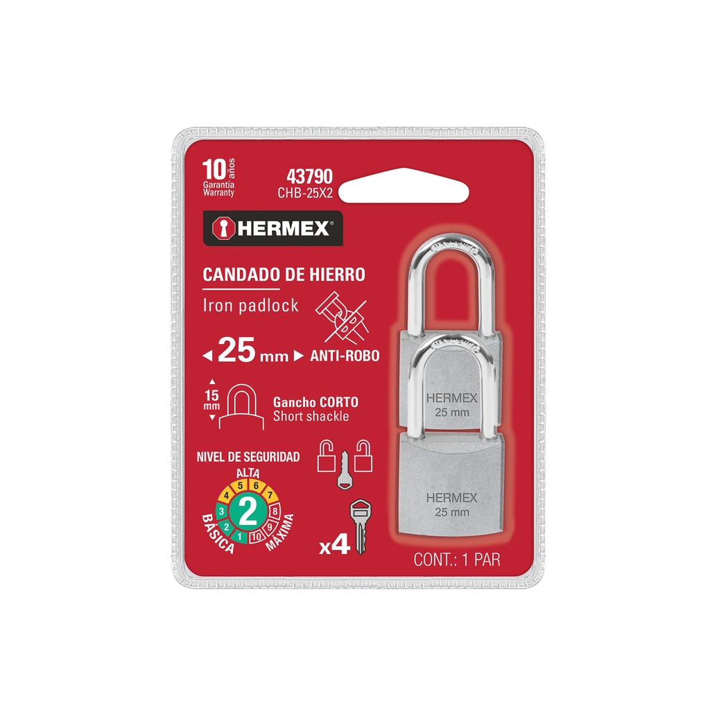 Blíster con 2 candados de hierro de 25mm con gancho corto - Pag 583