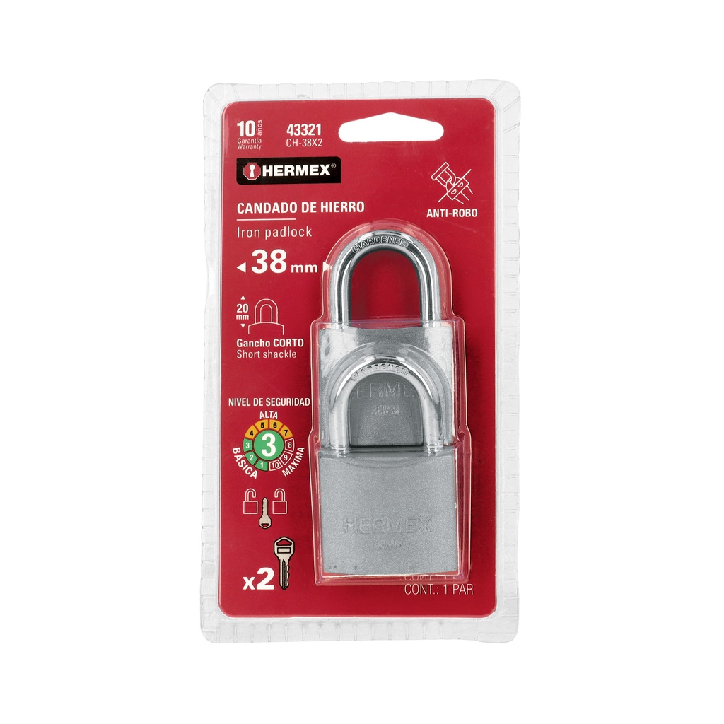 Blíster con 2 candados de hierro de 38mm con gancho corto - Pag 583