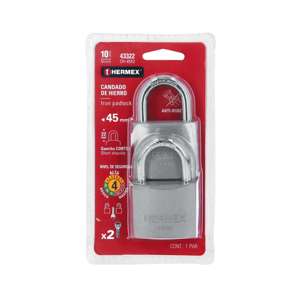 Blíster con 2 candados de hierro de 45mm con gancho corto - Pag 583