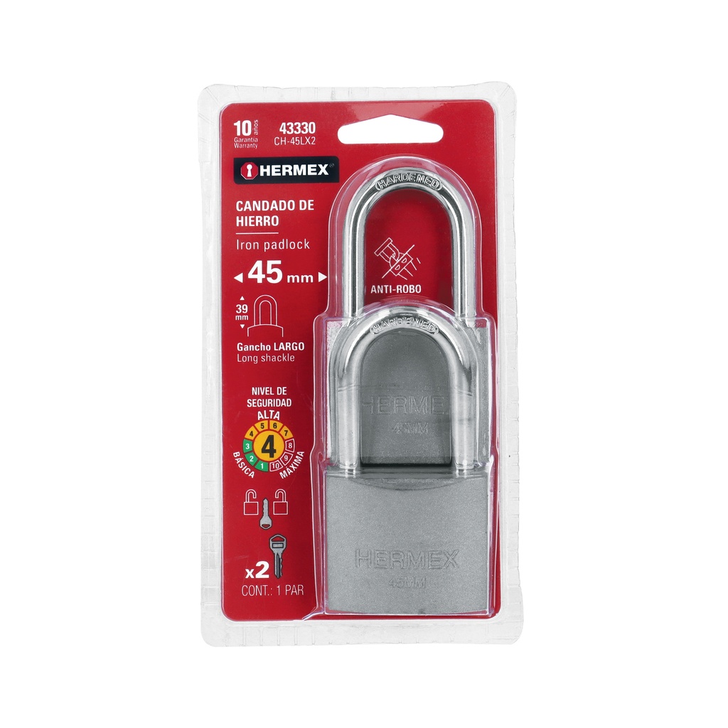 Blíster con 2 candados de hierro de 45mm con gancho largo - Pag 583