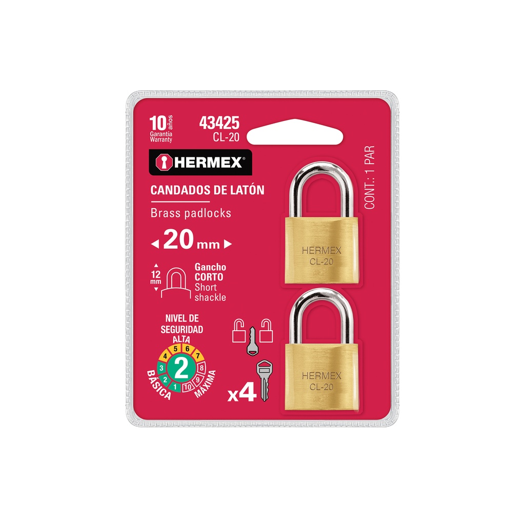 [T43425] Blíster con 2 candados de latón de 20mm con gancho corto - Pag 582