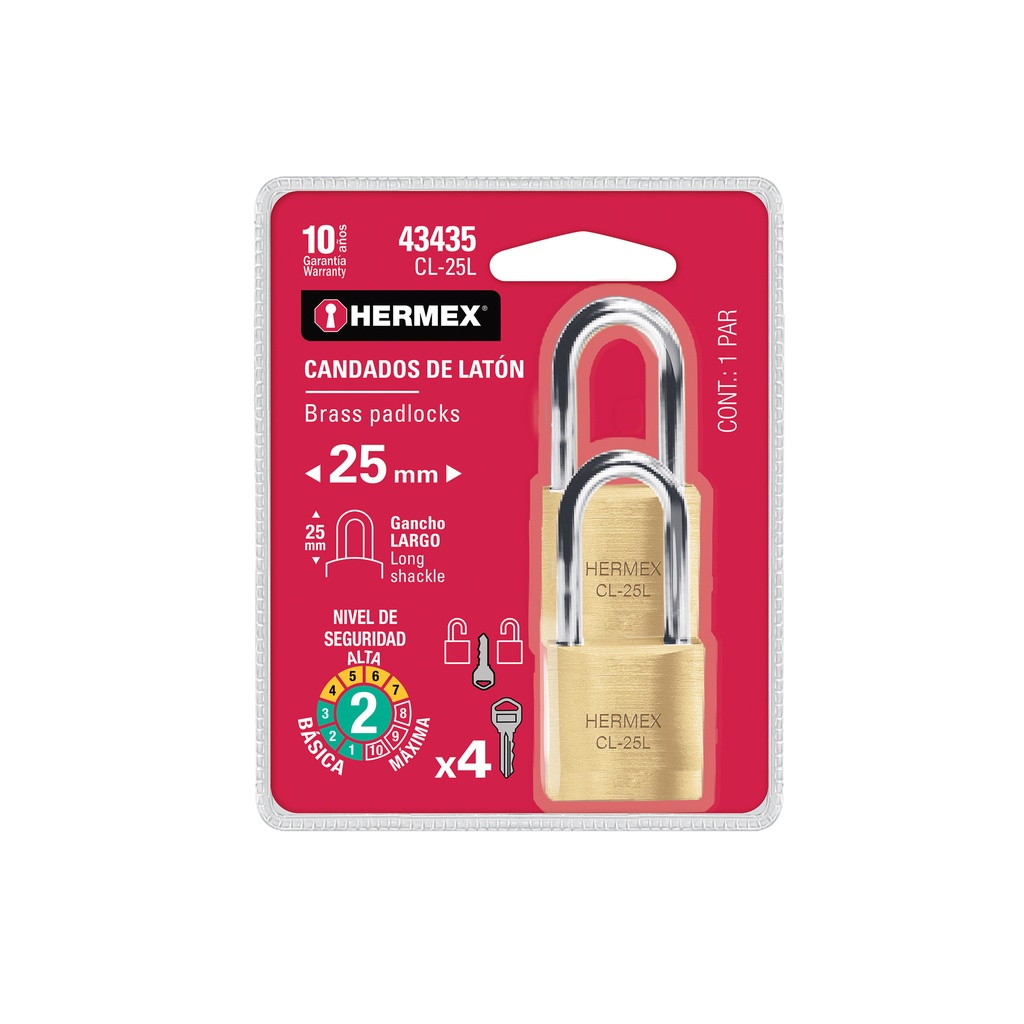 [T43435] Blíster con 2 candados de latón de 25mm con gancho largo - Pag 582