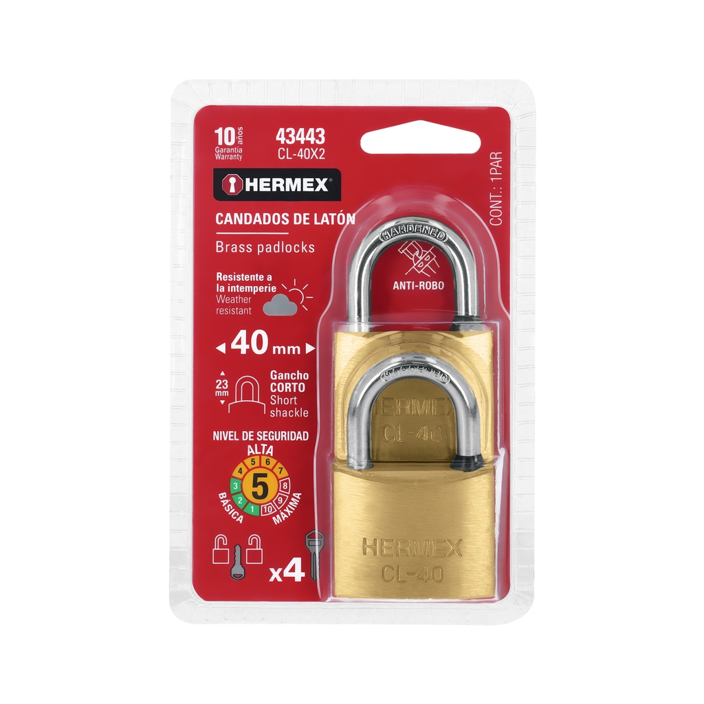 Blíster con 2 candados de latón de 40mm con gancho corto - Pag 582