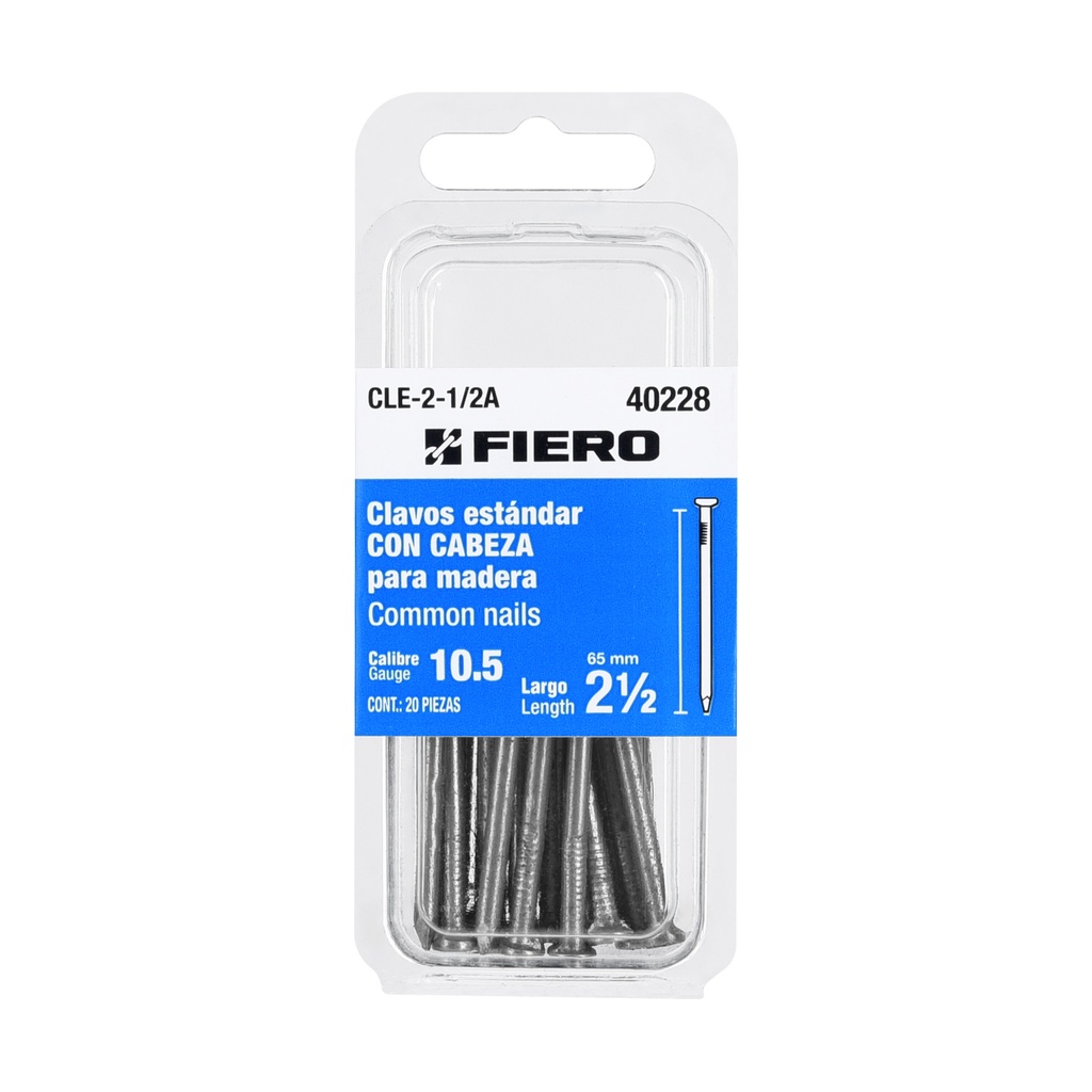 [T40228] Blíster con 20 clavos estándar 2-1/2' con cabeza, Fiero